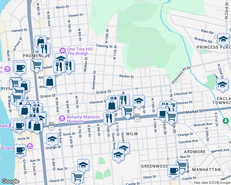 map of restaurants, bars, coffee shops, grocery stores, and more near 1103 Chestnut Street in Wilmington