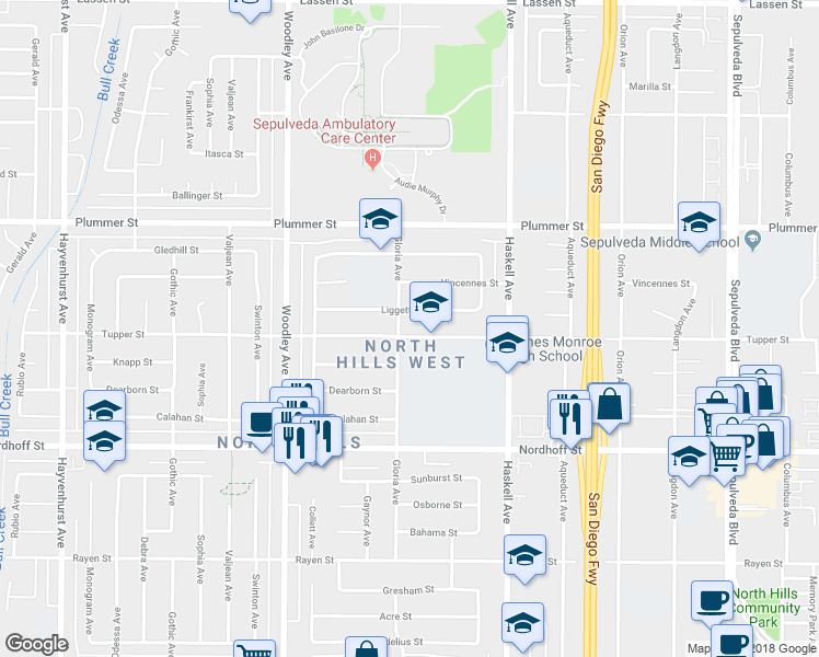 map of restaurants, bars, coffee shops, grocery stores, and more near 15951 Tupper Street in Los Angeles