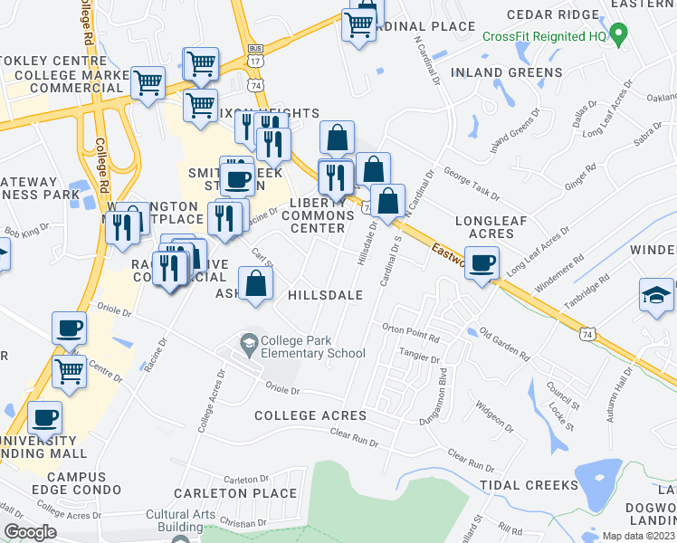 map of restaurants, bars, coffee shops, grocery stores, and more near 131 Charter Drive in Wilmington