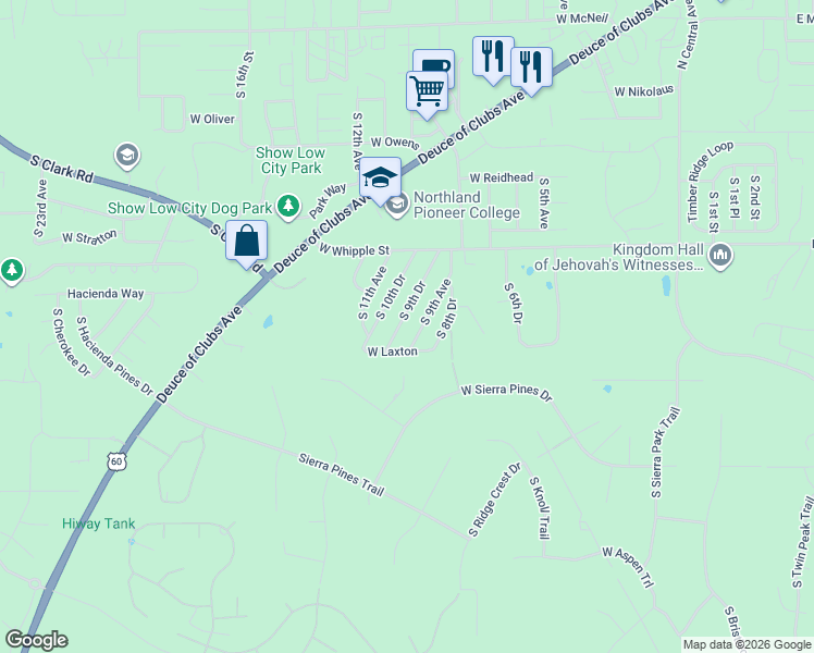 map of restaurants, bars, coffee shops, grocery stores, and more near 1160 South 9th Drive in Show Low