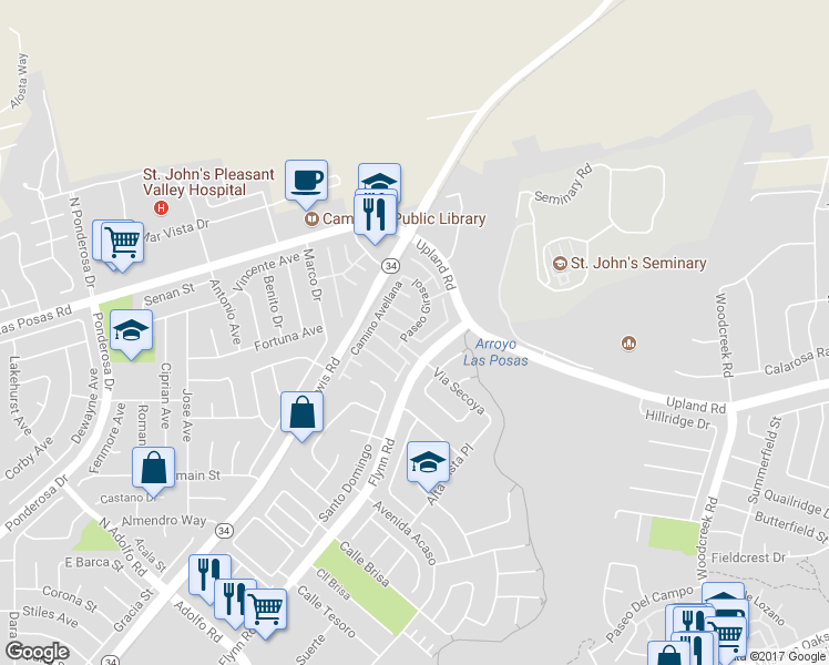 map of restaurants, bars, coffee shops, grocery stores, and more near 2077 Paseo Girasol in Camarillo
