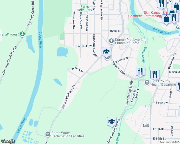 map of restaurants, bars, coffee shops, grocery stores, and more near 823 South Broad Street in Rome