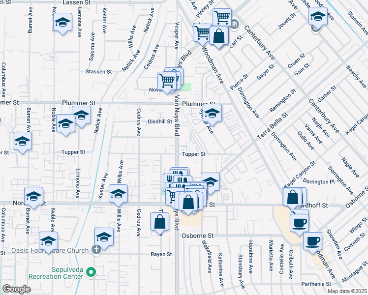 map of restaurants, bars, coffee shops, grocery stores, and more near 9318 Van Nuys Boulevard in Los Angeles