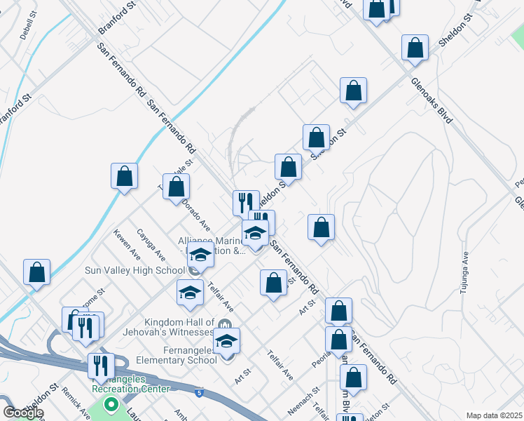 map of restaurants, bars, coffee shops, grocery stores, and more near 9358 San Fernando Road in Los Angeles