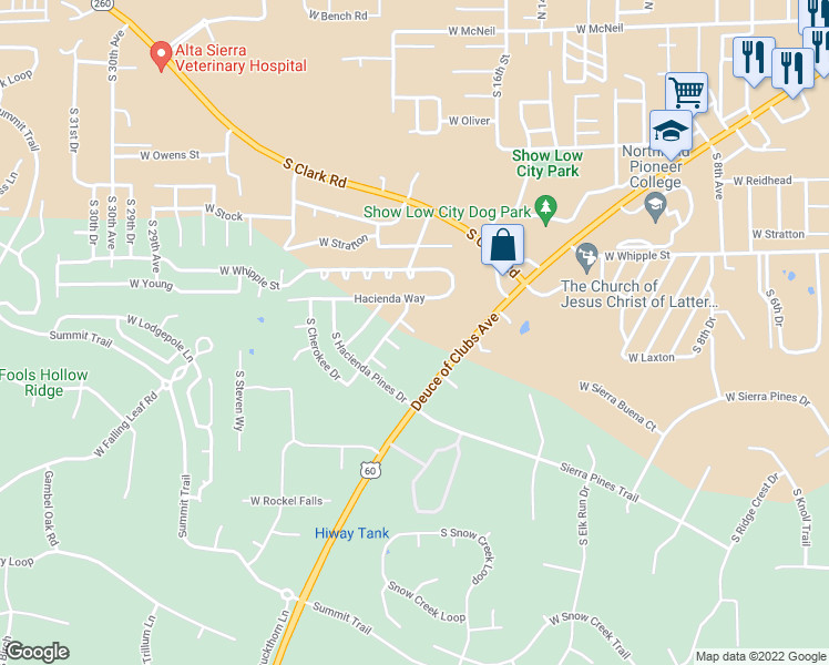 map of restaurants, bars, coffee shops, grocery stores, and more near 1248 South Fox Lane in Show Low