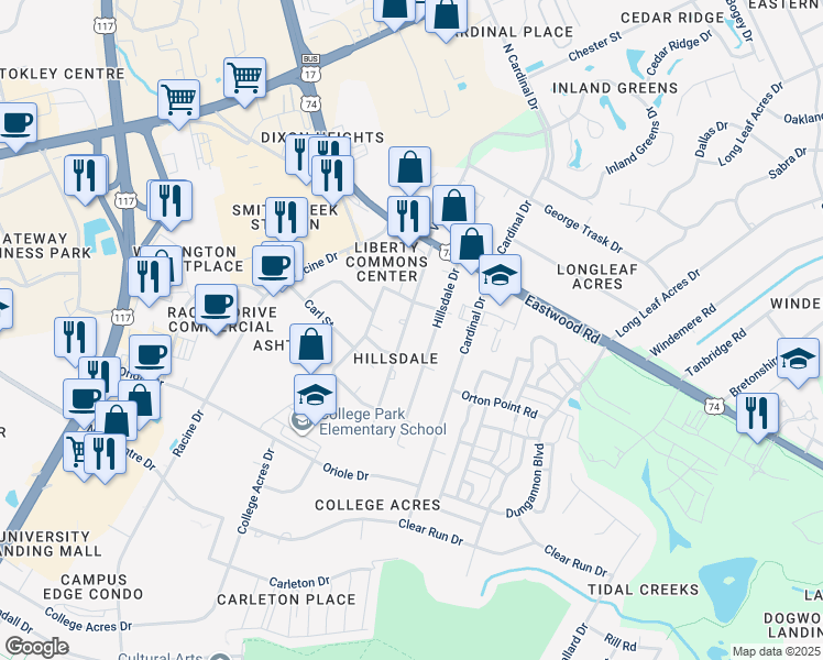 map of restaurants, bars, coffee shops, grocery stores, and more near 131 Charter Drive in Wilmington