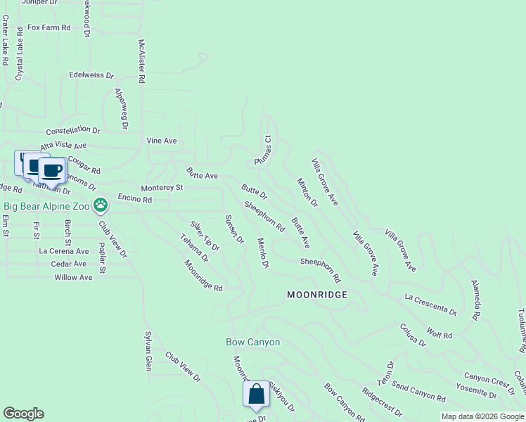 map of restaurants, bars, coffee shops, grocery stores, and more near 1144 Sheephorn Road in Big Bear