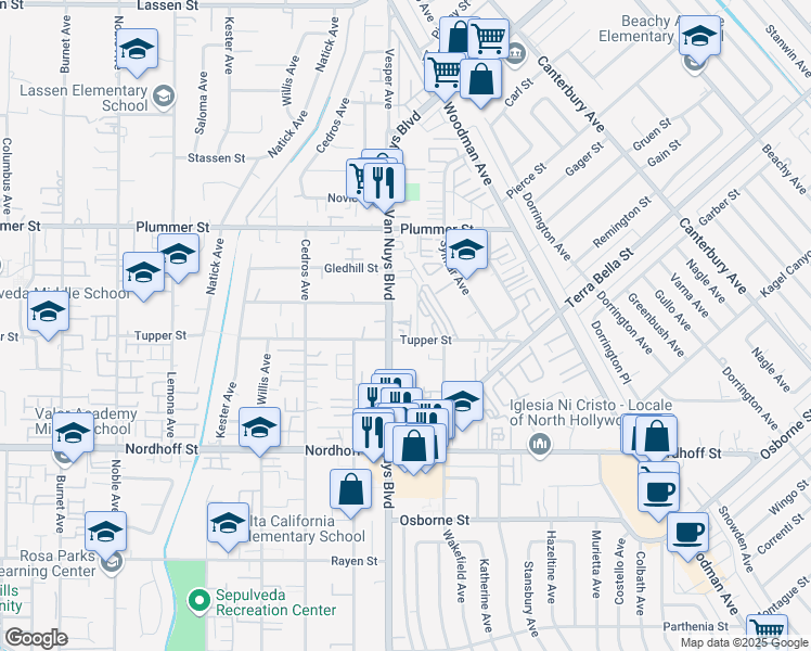 map of restaurants, bars, coffee shops, grocery stores, and more near 9318 Van Nuys Boulevard in Los Angeles