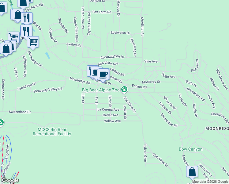 map of restaurants, bars, coffee shops, grocery stores, and more near 42719 Moonridge Road in Big Bear Lake