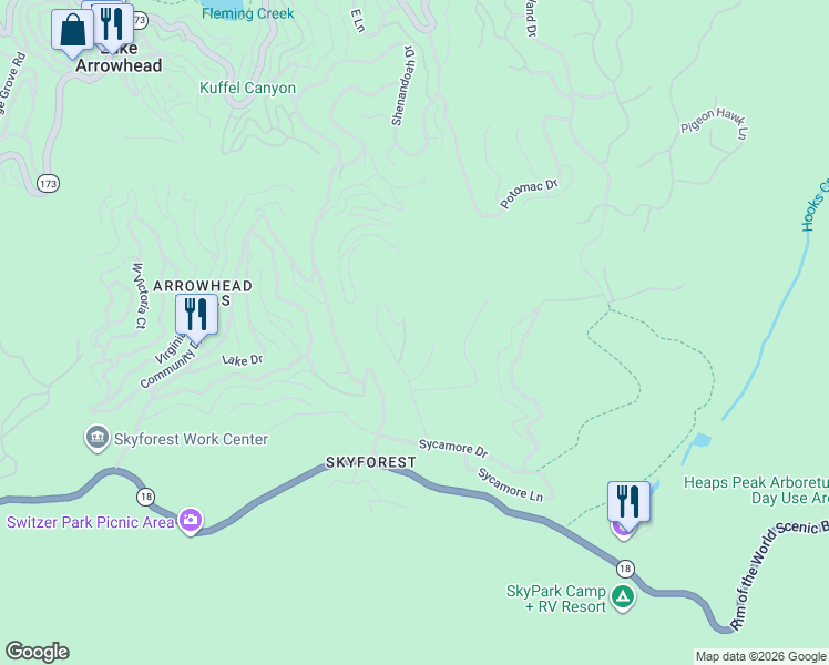 map of restaurants, bars, coffee shops, grocery stores, and more near 806 Oak Road in Skyforest