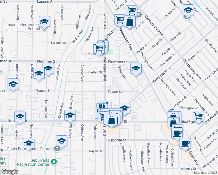 map of restaurants, bars, coffee shops, grocery stores, and more near 9318 Van Nuys Boulevard in Los Angeles