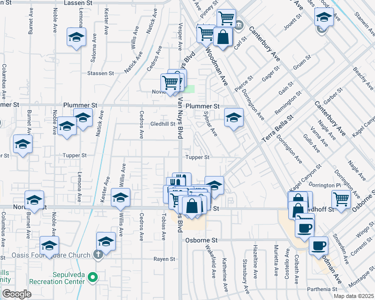 map of restaurants, bars, coffee shops, grocery stores, and more near 9324 Van Nuys Boulevard in Los Angeles