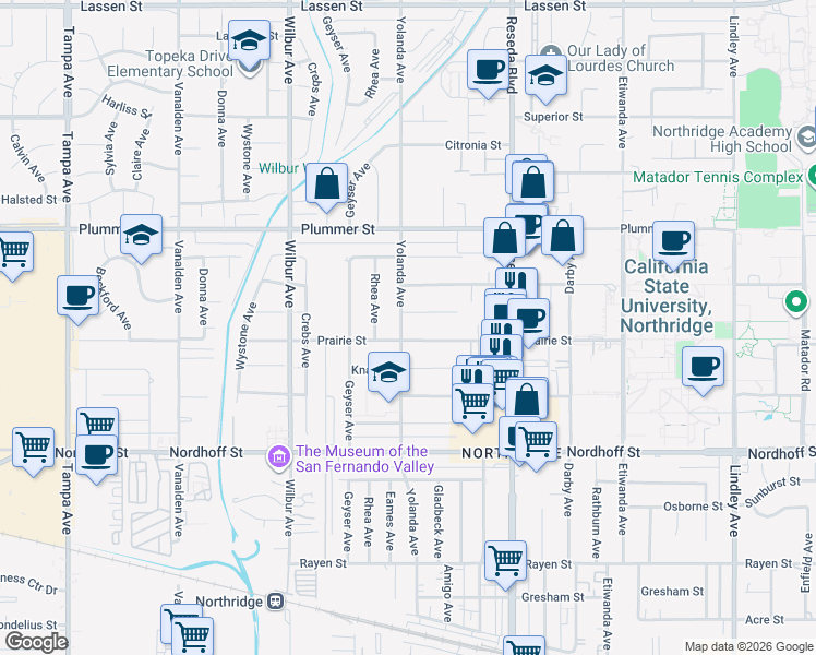 map of restaurants, bars, coffee shops, grocery stores, and more near 9308 Yolanda Avenue in Los Angeles