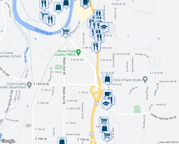 map of restaurants, bars, coffee shops, grocery stores, and more near 1 Notasulga Drive in Rome