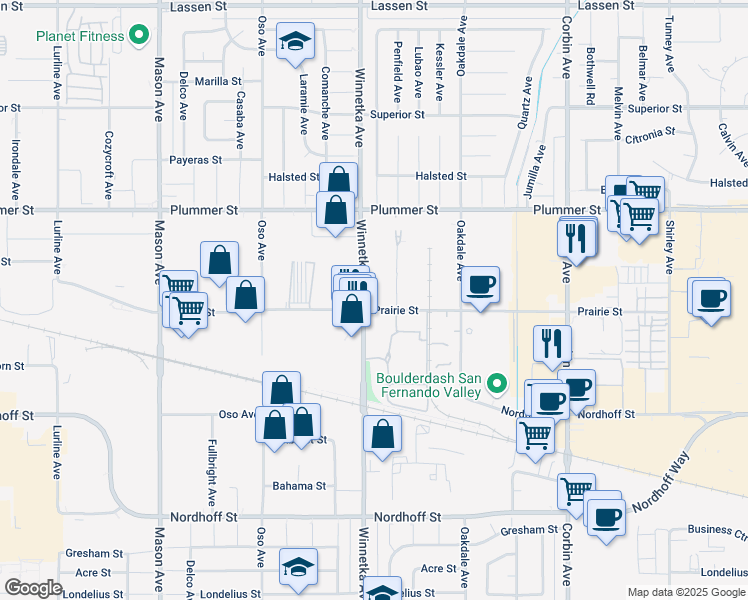 map of restaurants, bars, coffee shops, grocery stores, and more near 20045 Prairie Street in Los Angeles