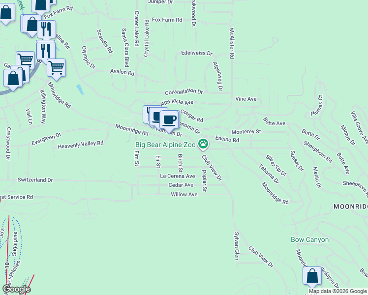 map of restaurants, bars, coffee shops, grocery stores, and more near 42705 Moonridge Road in Big Bear Lake