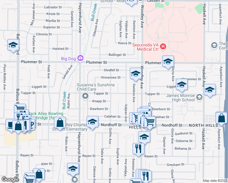 map of restaurants, bars, coffee shops, grocery stores, and more near 16347 Tupper Street in Los Angeles