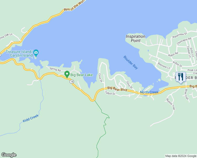 map of restaurants, bars, coffee shops, grocery stores, and more near 589 Cove Drive in Fawnskin