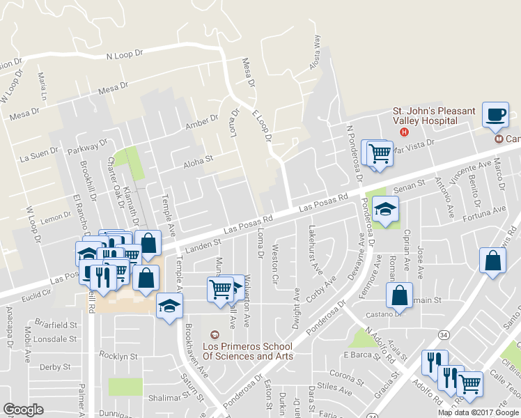 map of restaurants, bars, coffee shops, grocery stores, and more near 30 Loma Drive in Camarillo