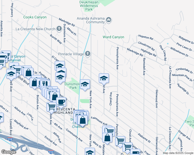 map of restaurants, bars, coffee shops, grocery stores, and more near 3330 Paraiso Way in Glendale