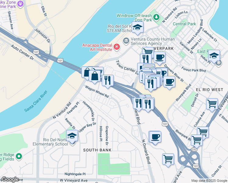 map of restaurants, bars, coffee shops, grocery stores, and more near 2850 Wagon Wheel Road in Oxnard