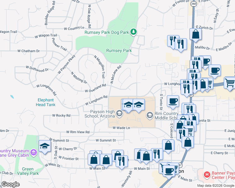 map of restaurants, bars, coffee shops, grocery stores, and more near 702 West Longhorn Road in Payson