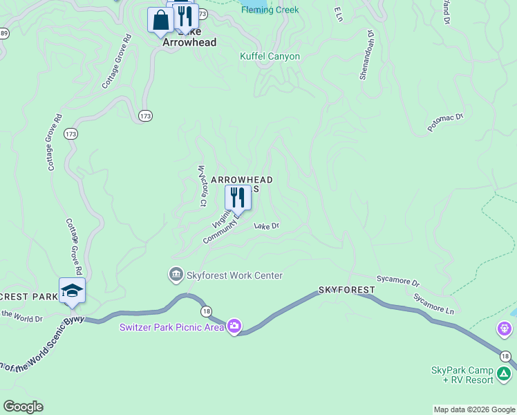 map of restaurants, bars, coffee shops, grocery stores, and more near 792 Lords Lane in Lake Arrowhead