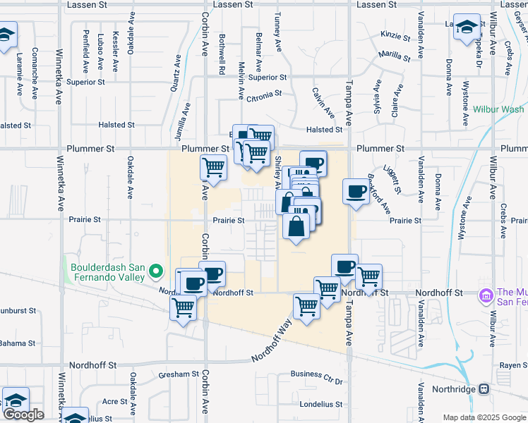 map of restaurants, bars, coffee shops, grocery stores, and more near 9301 Shirley Avenue in Los Angeles
