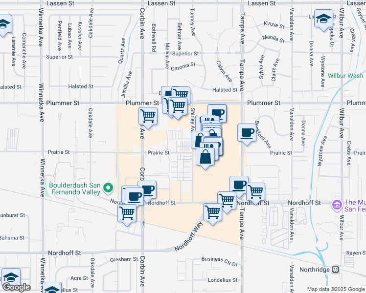 map of restaurants, bars, coffee shops, grocery stores, and more near 9301 Shirley Avenue in Los Angeles