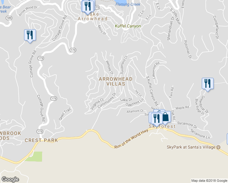 map of restaurants, bars, coffee shops, grocery stores, and more near 754 Golden Drive in Lake Arrowhead