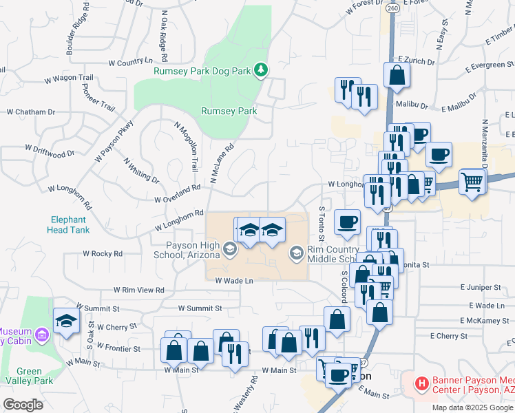 map of restaurants, bars, coffee shops, grocery stores, and more near 516 West Longhorn Road in Payson