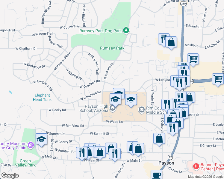 map of restaurants, bars, coffee shops, grocery stores, and more near 702 West Longhorn Road in Payson