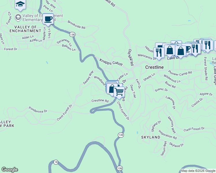 map of restaurants, bars, coffee shops, grocery stores, and more near 23406 Crest Forest Drive in Crestline