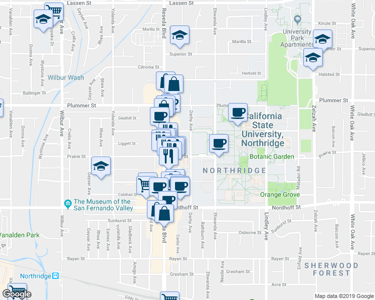 map of restaurants, bars, coffee shops, grocery stores, and more near 18400 Prairie Street in Los Angeles