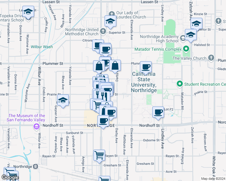 map of restaurants, bars, coffee shops, grocery stores, and more near 18400 Prairie Street in Los Angeles