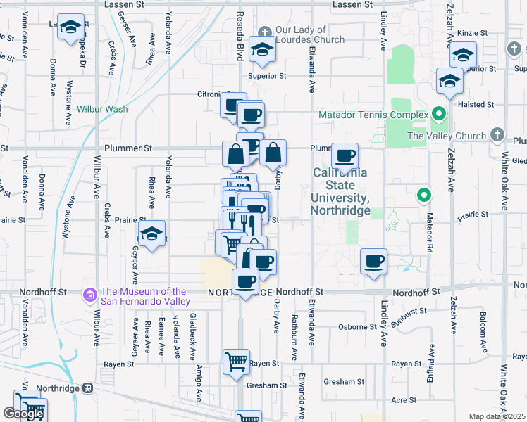 map of restaurants, bars, coffee shops, grocery stores, and more near 18400 Prairie Street in Los Angeles