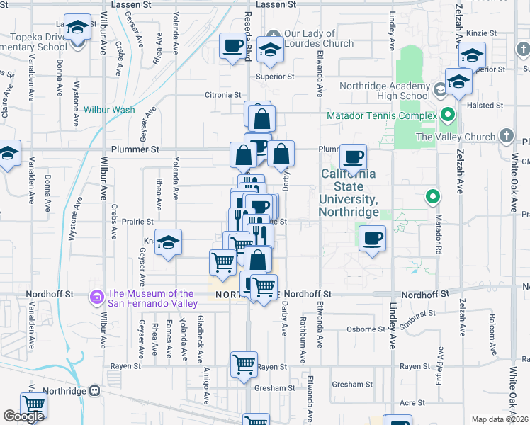 map of restaurants, bars, coffee shops, grocery stores, and more near 18400 Prairie Street in Los Angeles