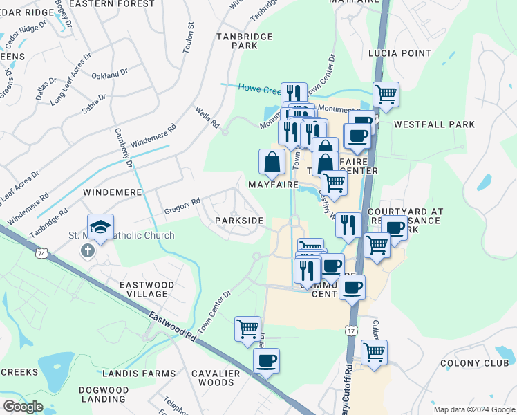 map of restaurants, bars, coffee shops, grocery stores, and more near 6523 Brevard Drive in Wilmington