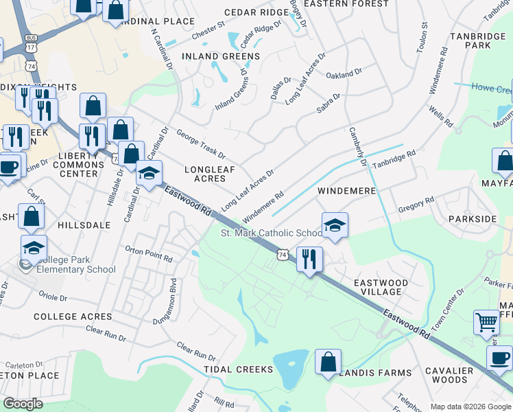 map of restaurants, bars, coffee shops, grocery stores, and more near 104 Windemere Road in Wilmington