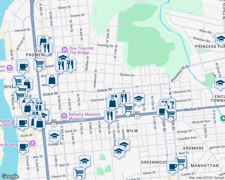 map of restaurants, bars, coffee shops, grocery stores, and more near 1103 Chestnut Street in Wilmington