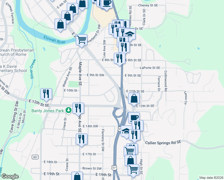 map of restaurants, bars, coffee shops, grocery stores, and more near 1 Notasulga Drive in Rome