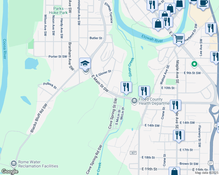 map of restaurants, bars, coffee shops, grocery stores, and more near 202 East Main Street Southwest in Rome