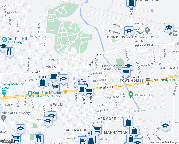 map of restaurants, bars, coffee shops, grocery stores, and more near 1701 Chestnut Street in Wilmington