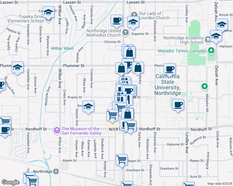 map of restaurants, bars, coffee shops, grocery stores, and more near 18521 Prairie Street in Los Angeles