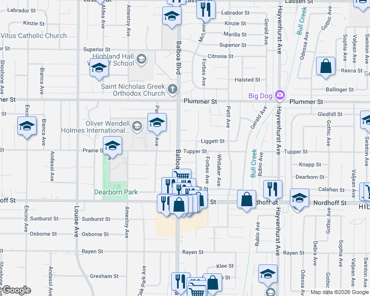map of restaurants, bars, coffee shops, grocery stores, and more near 16955 Tupper Street in Los Angeles