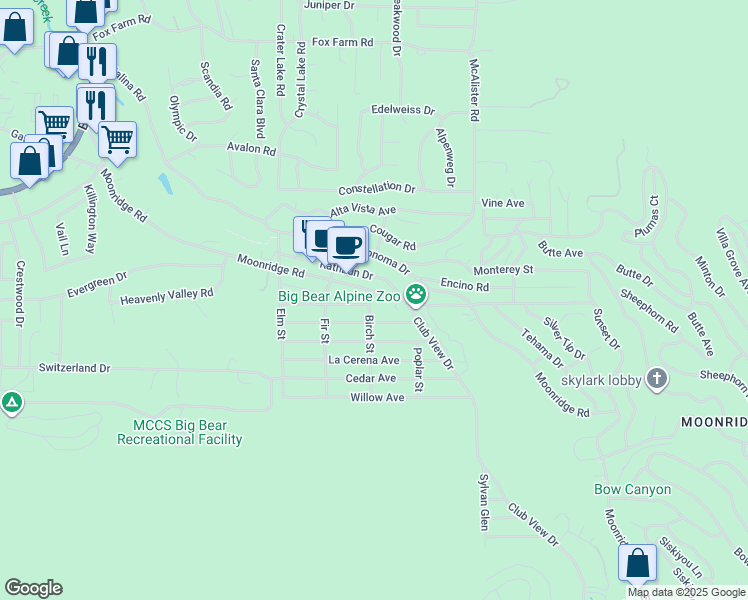 map of restaurants, bars, coffee shops, grocery stores, and more near 42680 Peregrine Avenue in Big Bear Lake