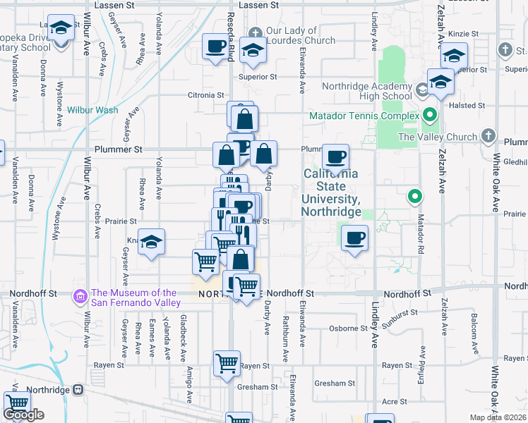 map of restaurants, bars, coffee shops, grocery stores, and more near 18400 Prairie Street in Los Angeles