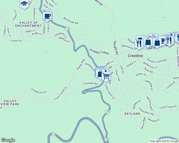 map of restaurants, bars, coffee shops, grocery stores, and more near 23354 Crest Forest Drive in Crestline