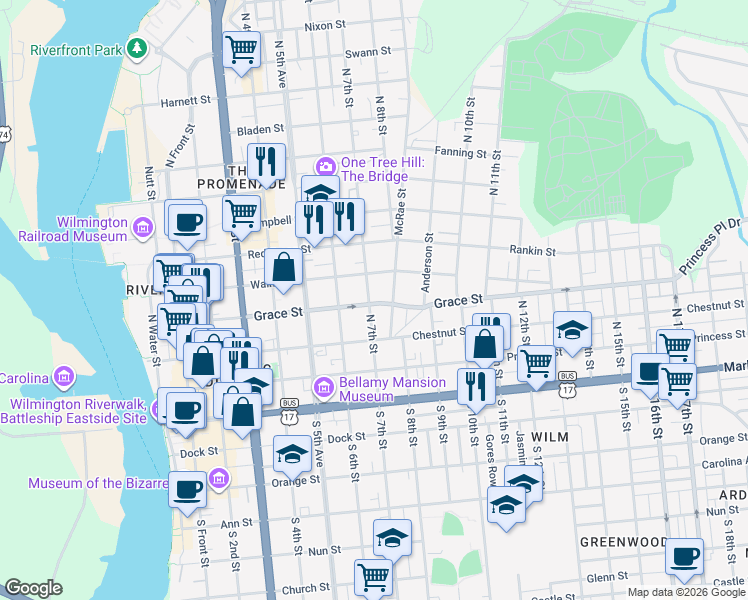 map of restaurants, bars, coffee shops, grocery stores, and more near 302 North 7th Street in Wilmington
