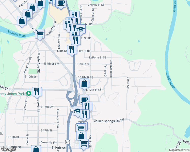 map of restaurants, bars, coffee shops, grocery stores, and more near 302 East 11th Street Southeast in Rome